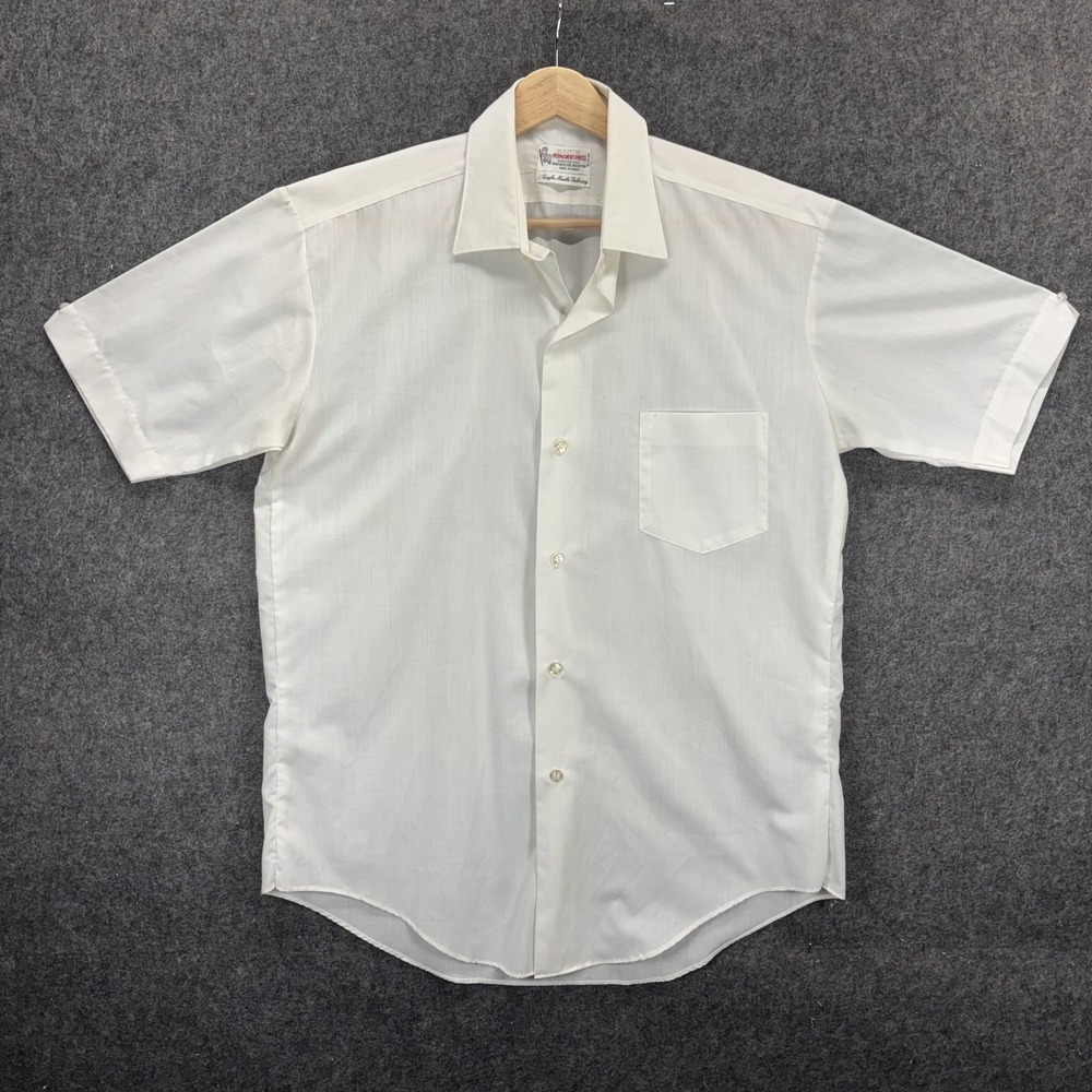 Vintage 1960s Button Up Camp Collar Shirt Men's White Polycotton Perm Press Mod
